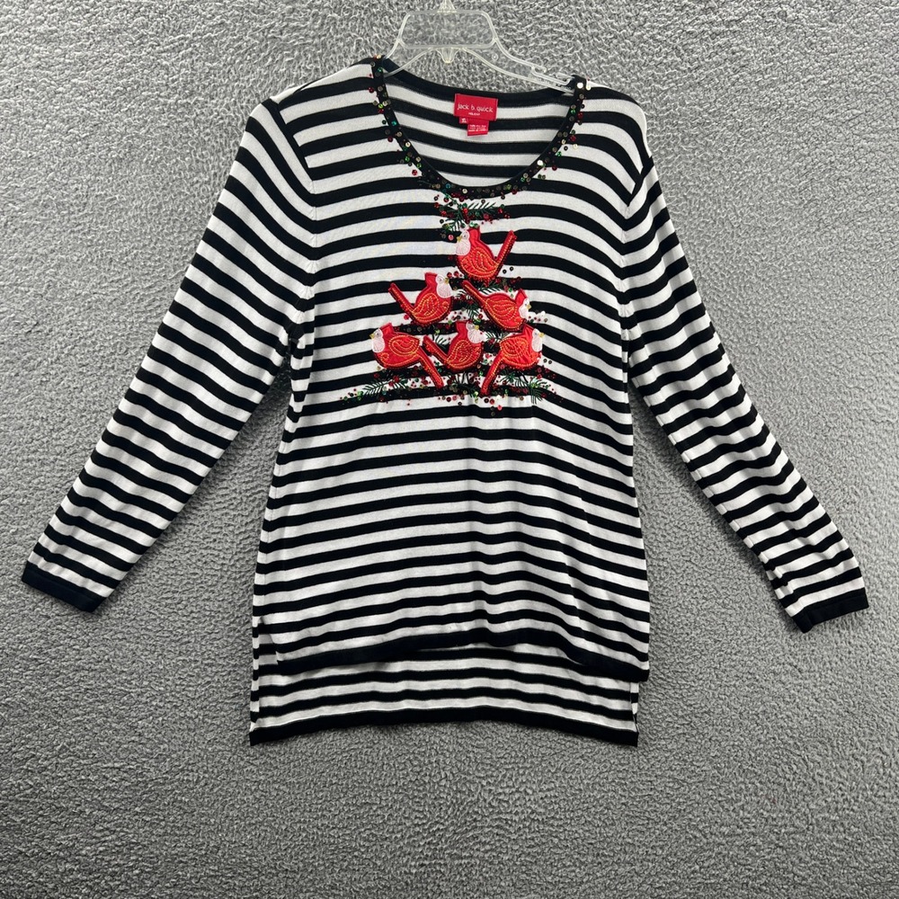 Womens Holiday Sweater XL Black White‎ Stripe Cardinal Applique Festive Knit Top